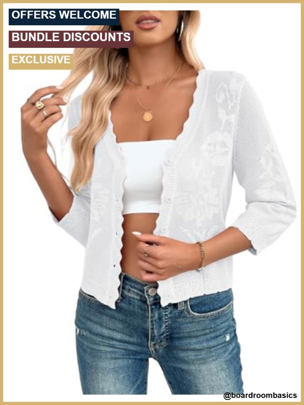 Women's Cropped Button Up Shrug Cardigan 3/4 Sleeve Lightweight Knit